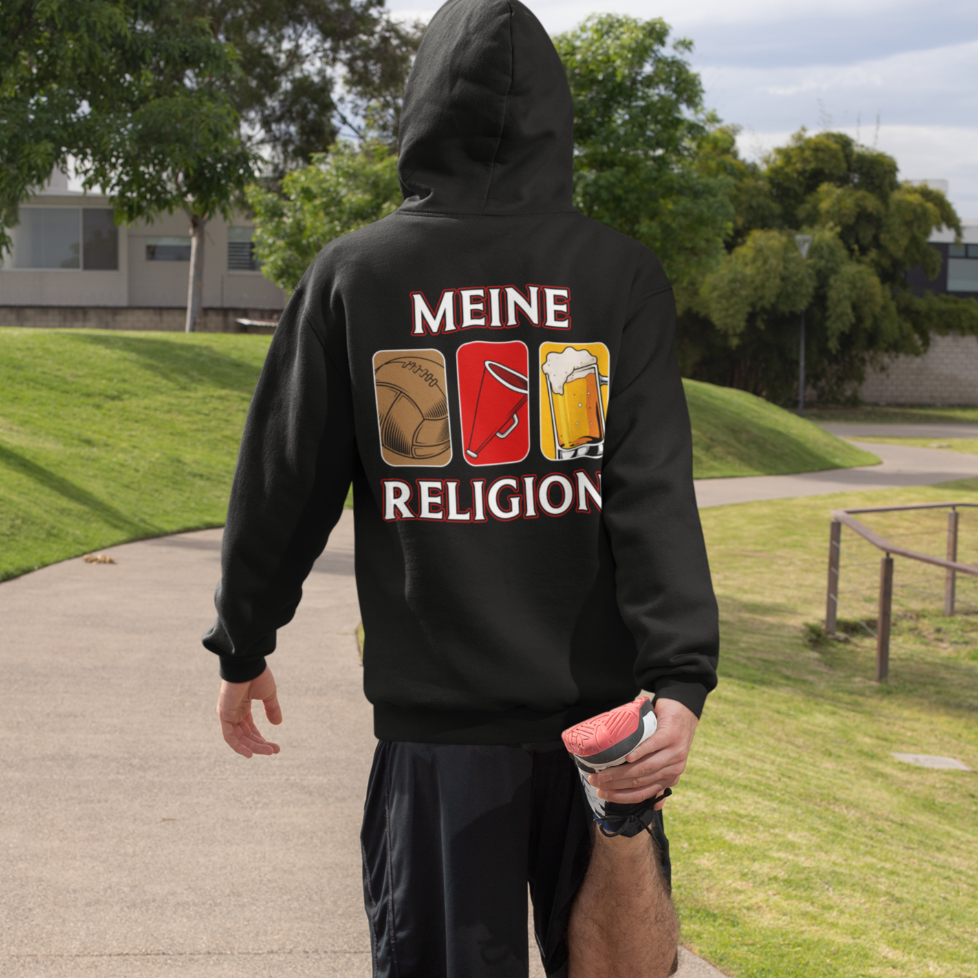 Meine Religion - Fussball, Stadion und Bier - Hoodie, Druck Rückseite