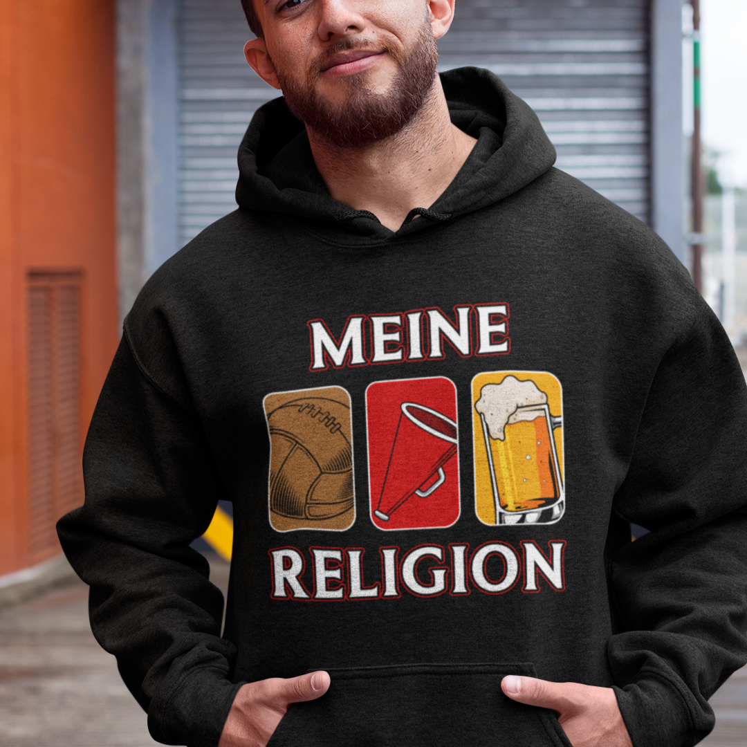 Meine Religion - Fussball, Stadion und Bier -  Hoodie Vorderseiten Druck